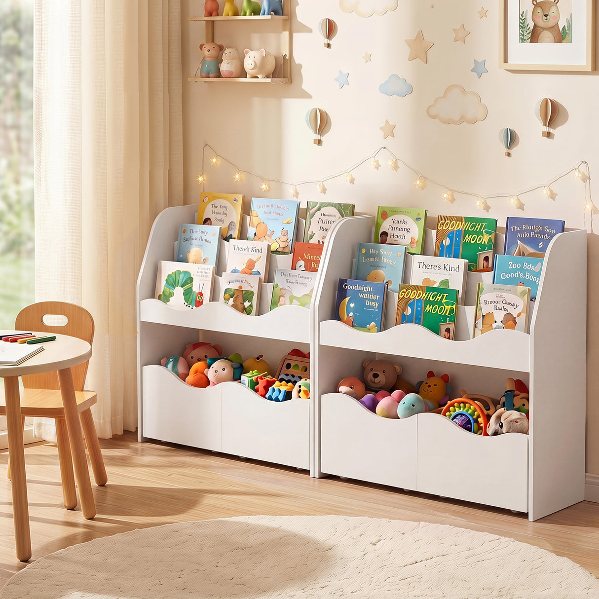 Kids Toy Storage Organizer, Wooden Montessori Bookshelf with 2 Rolling Drawers, Toddler Storage Cabinet