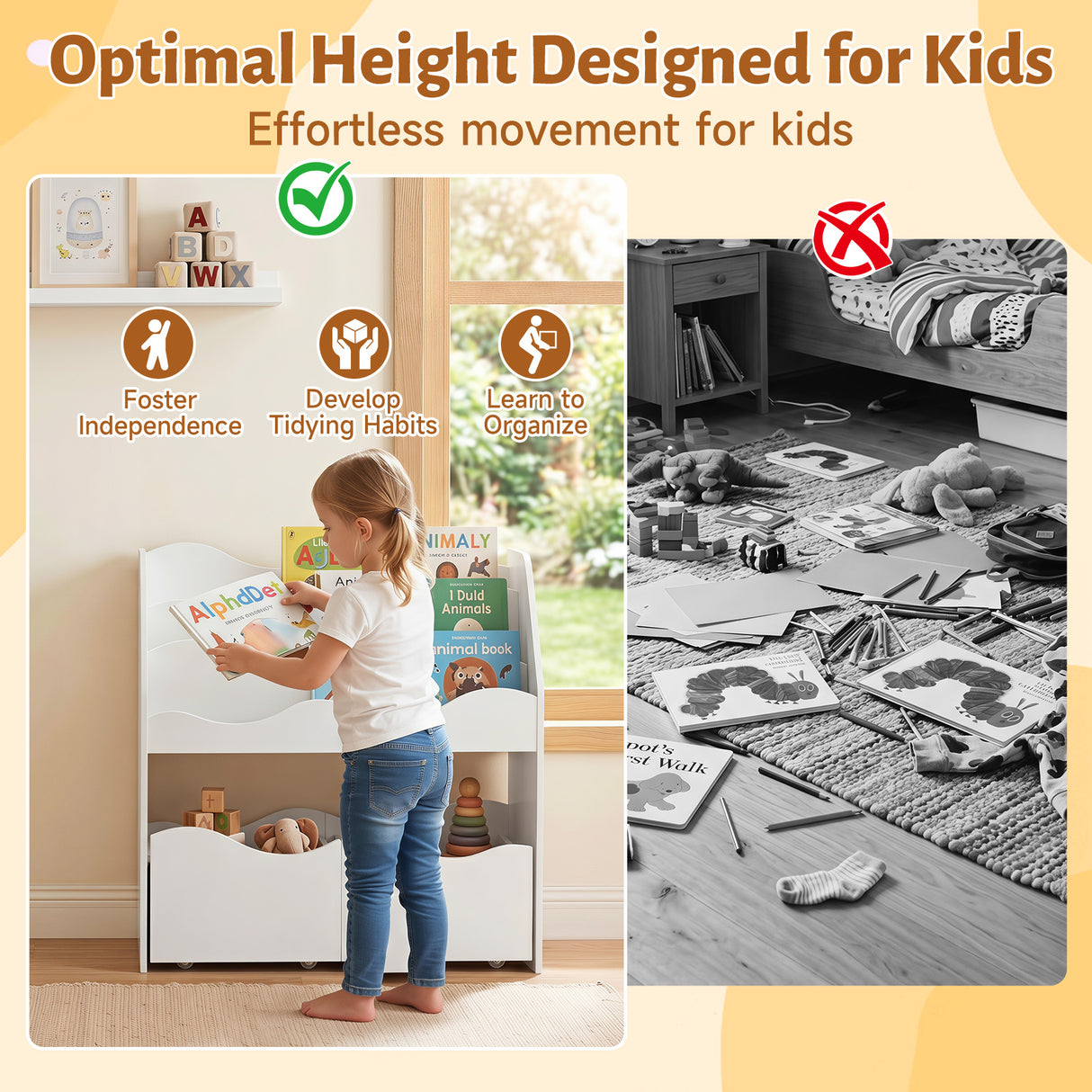 Kids Toy Storage Organizer, Wooden Montessori Bookshelf with 2 Rolling Drawers, Toddler Storage Cabinet