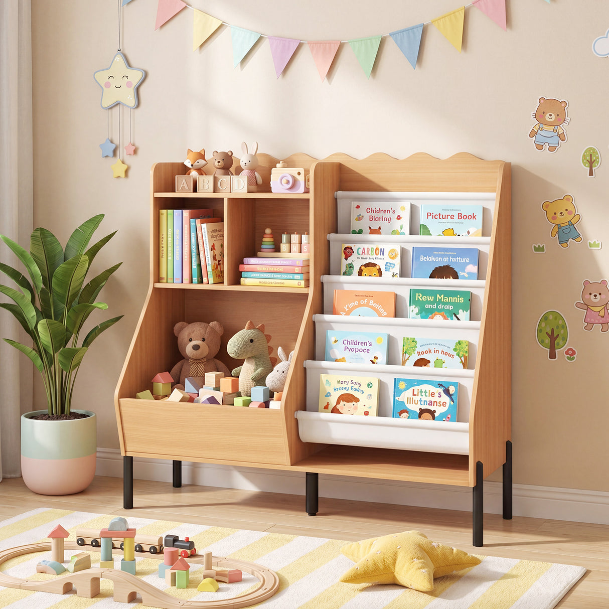 Kids Bookshelf and Toy Storage Organizer with 5 Fabric Pockets and Metal Legs