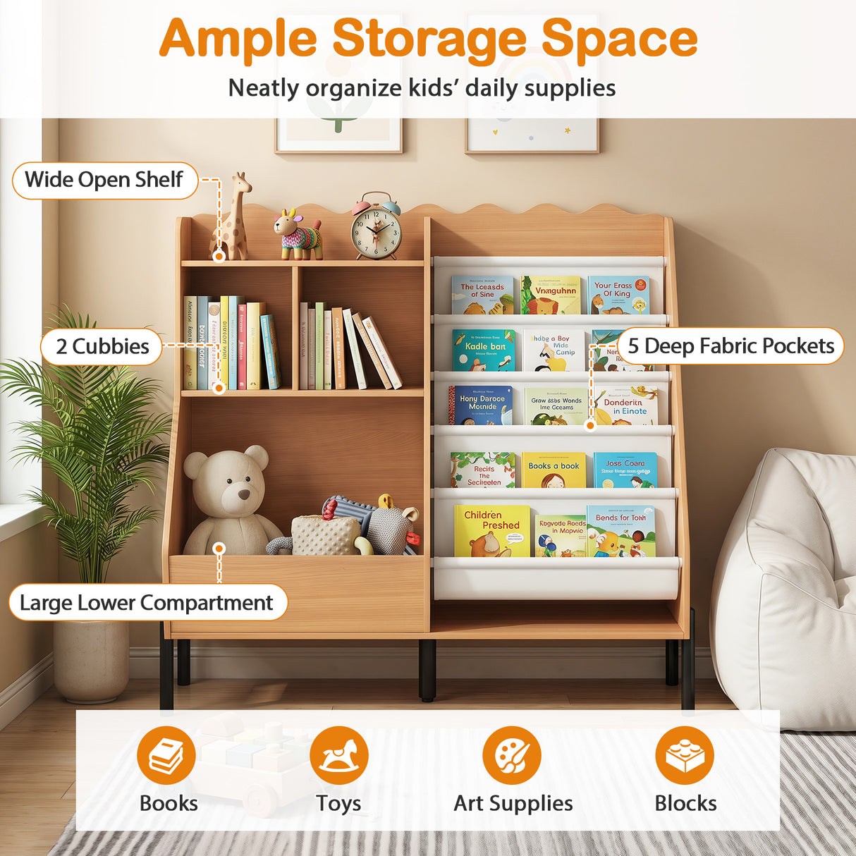 Kids Bookshelf and Toy Storage Organizer with 5 Fabric Pockets and Metal Legs