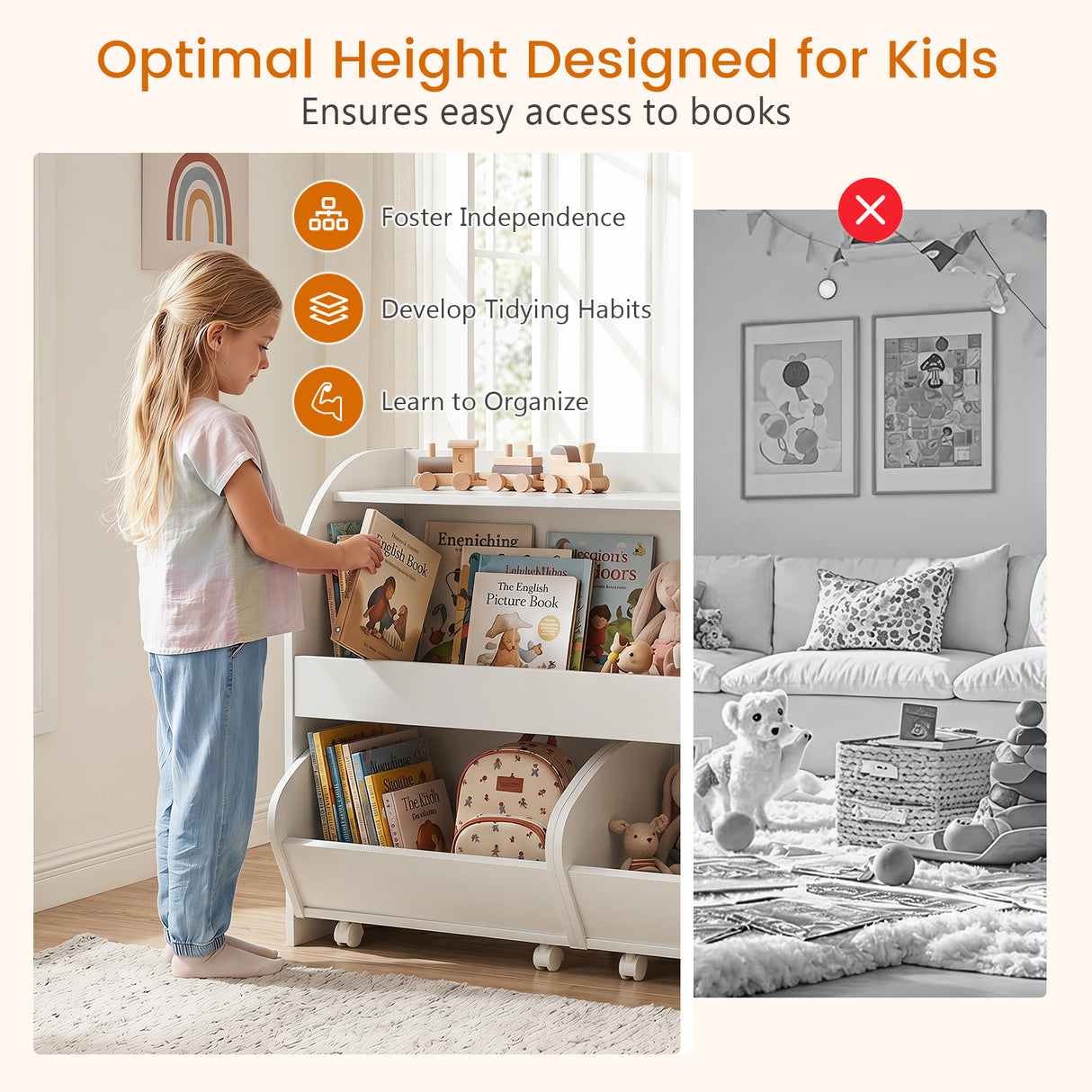 Kids Toy Storage Organizer, Toddler Wooden Montessori Toy Storage Shelf with 2 Rolling Drawers