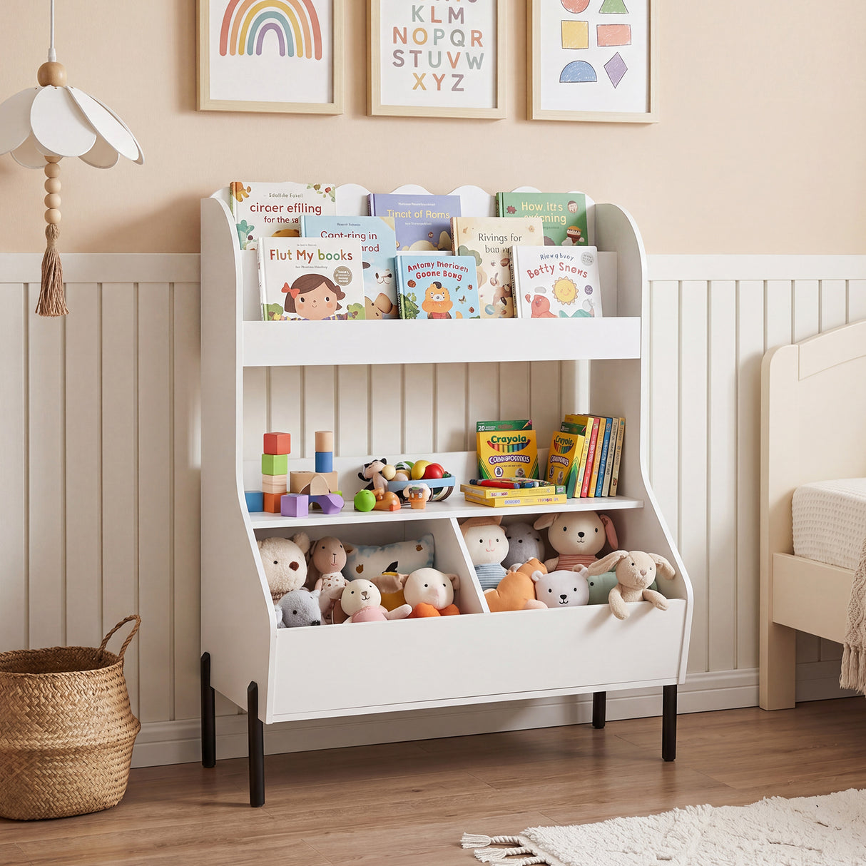Kids Toy Storage Organizer, Wooden Montessori Bookshelf with 2 Storage Bins and Open Shelf