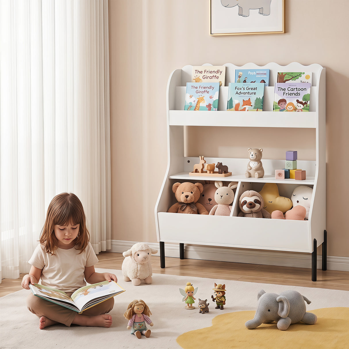 Kids Toy Storage Organizer, Wooden Montessori Bookshelf with 2 Storage Bins and Open Shelf