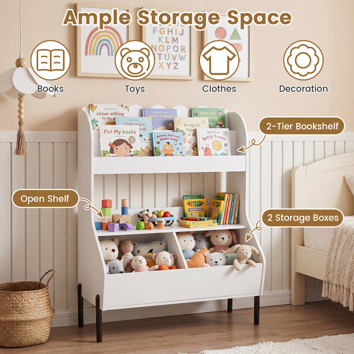 Kids Toy Storage Organizer, Wooden Montessori Bookshelf with 2 Storage Bins and Open Shelf