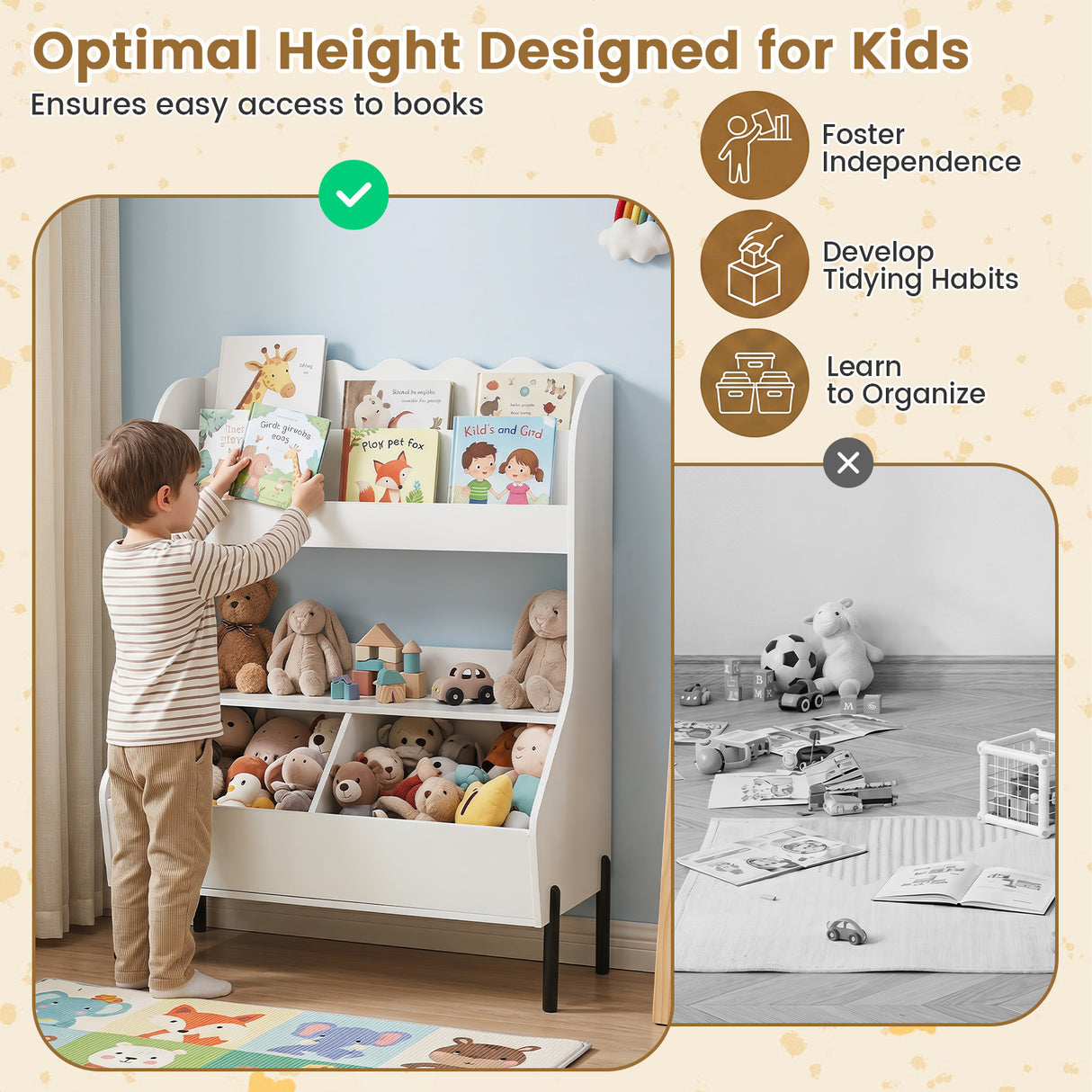 Kids Toy Storage Organizer, Wooden Montessori Bookshelf with 2 Storage Bins and Open Shelf