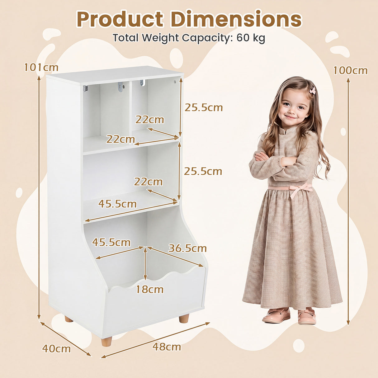 Kids Toy Storage Organizer, 3-Tier Wooden Bookshelf with 2 Anti-Toppling Devices, Top Surface