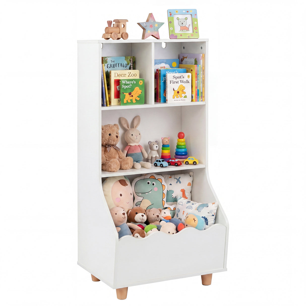 Kids Toy Storage Organizer, 3-Tier Wooden Bookshelf with 2 Anti-Toppling Devices, Top Surface