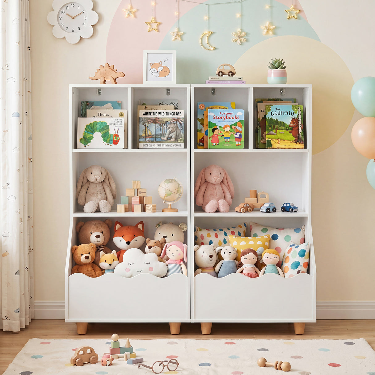Kids Toy Storage Organizer, 3-Tier Wooden Bookshelf with 2 Anti-Toppling Devices, Top Surface
