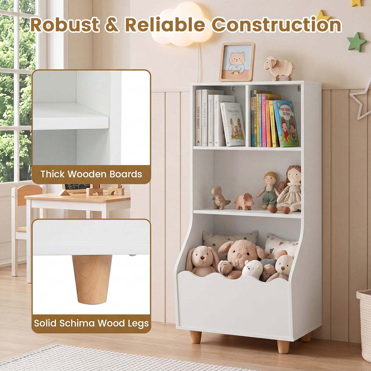 Kids Toy Storage Organizer, 3-Tier Wooden Bookshelf with 2 Anti-Toppling Devices, Top Surface