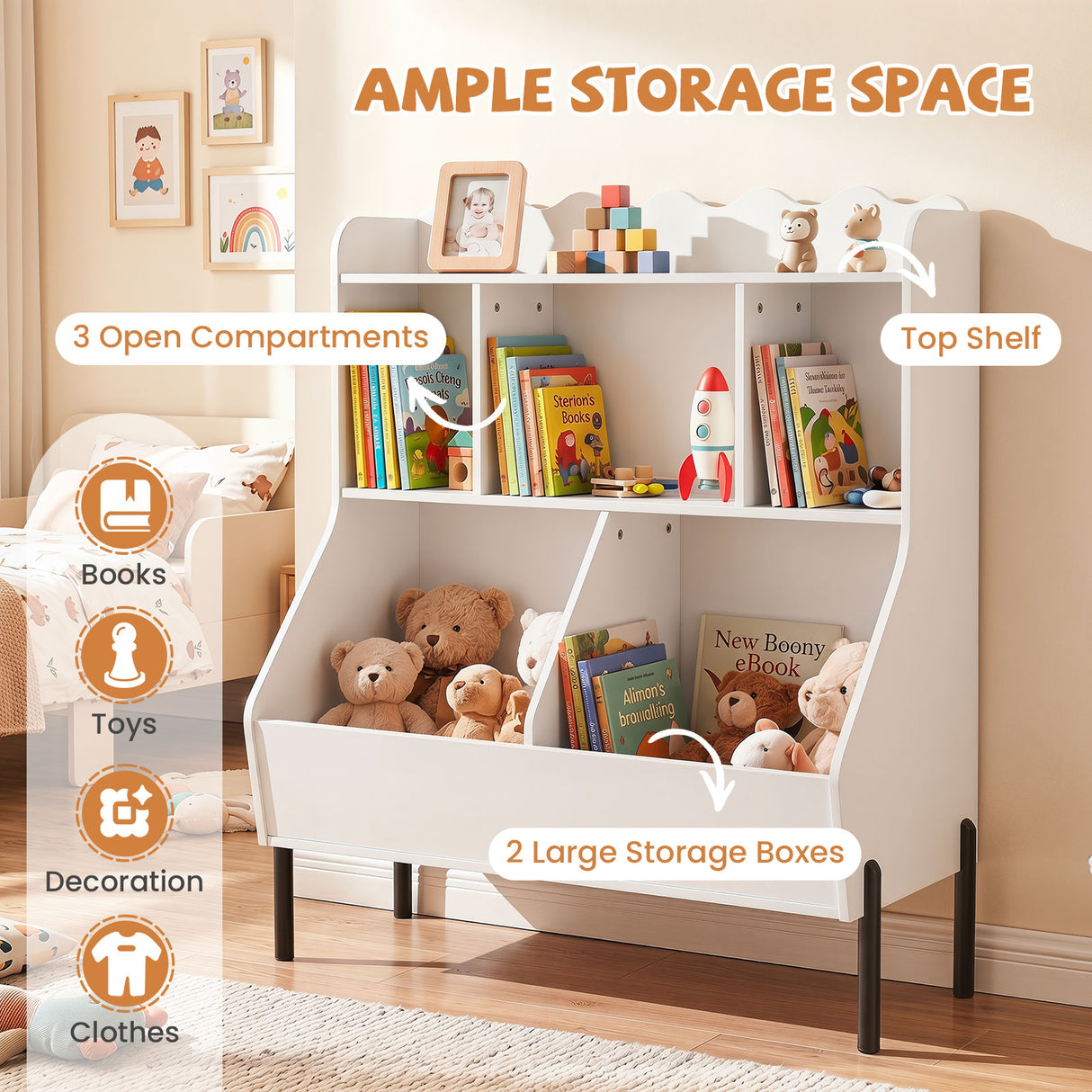 Kids Toy Storage Organizer, Wooden Montessori Bookshelf with 5 Storage Cubes, Toddler Storage Cabinet