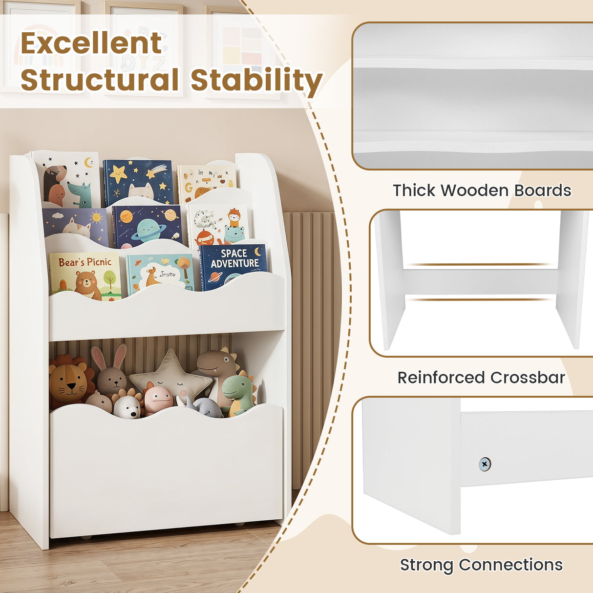 Kids Bookshelf and Toy Storage Organizer, 3-Tier Wooden Kids Book Shelf