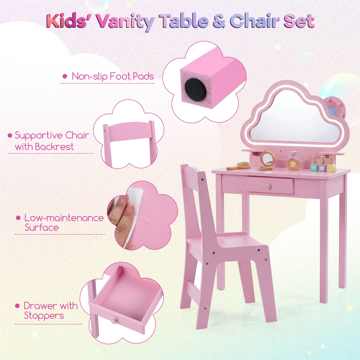 Kids Vanity Set with Lighted Cloud Mirror and Stool for Girls