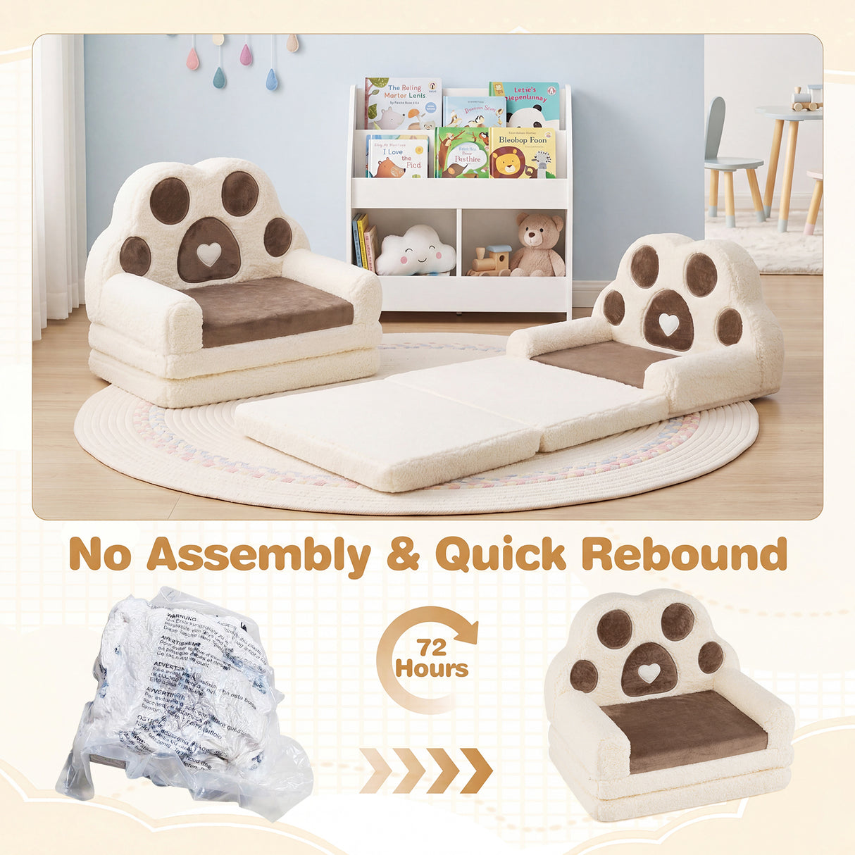 2-in-1 Convertible Kids Sofa to Lounger with Removable Cover, Bunny/Bear's Paw/Christmas Patterns