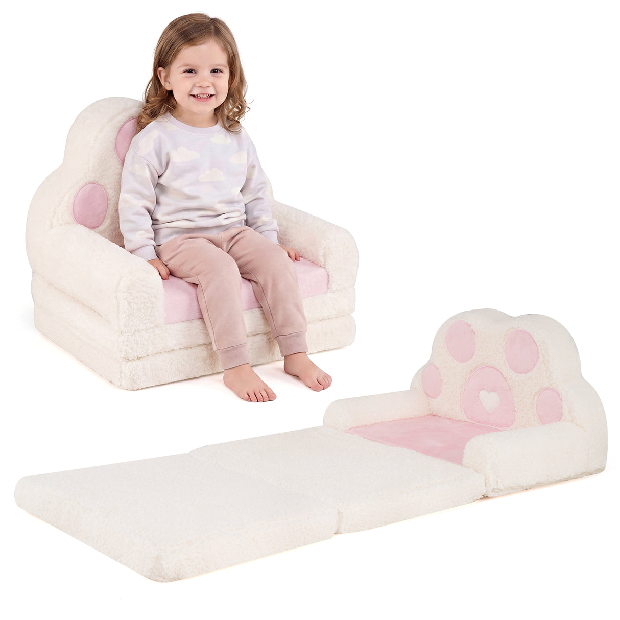 2-in-1 Convertible Kids Sofa to Lounger with Removable Cover, Bunny/Bear's Paw/Christmas Patterns