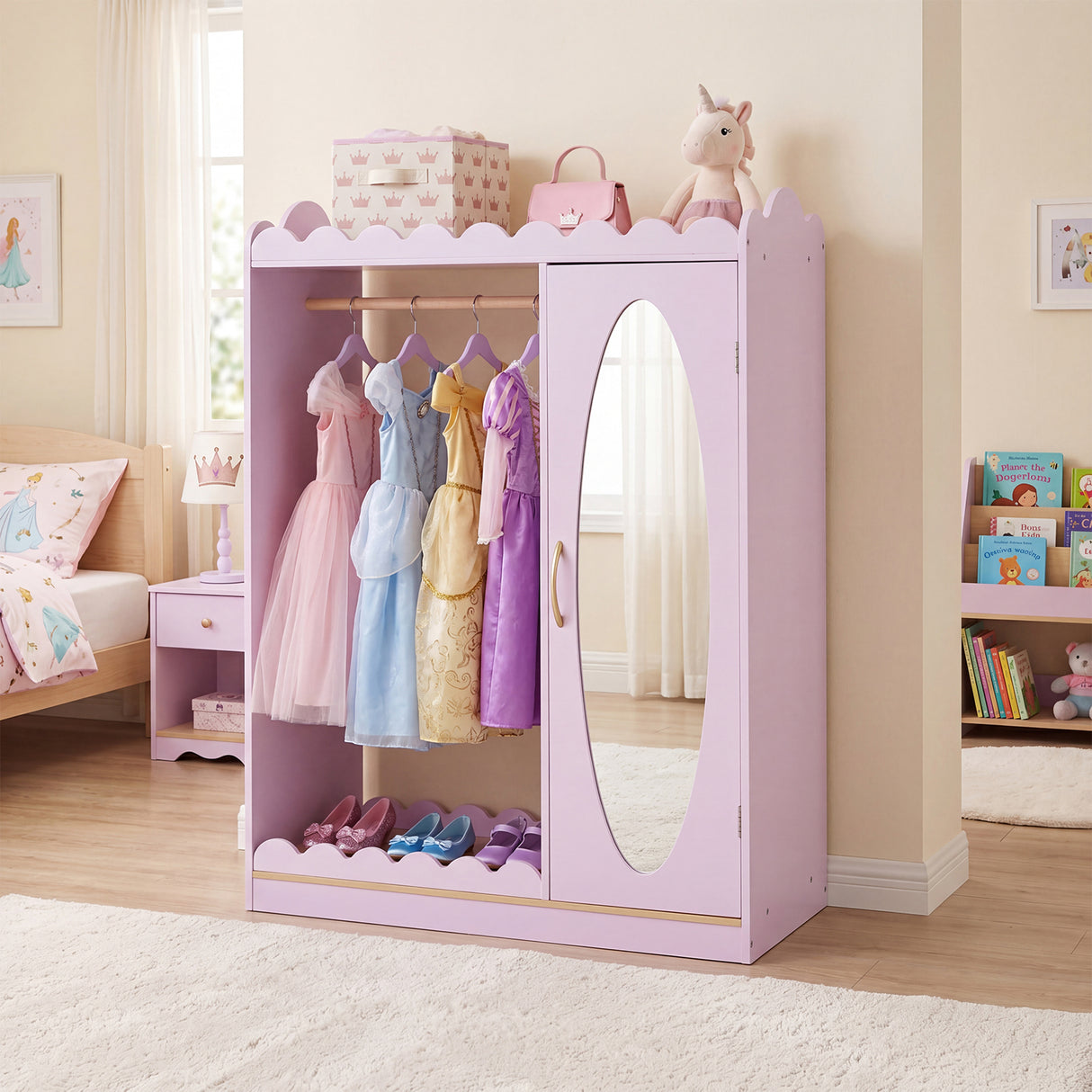 Kids Dress Up Storage Shelf with Full Mirror Hanging Rod and Door Cabinet