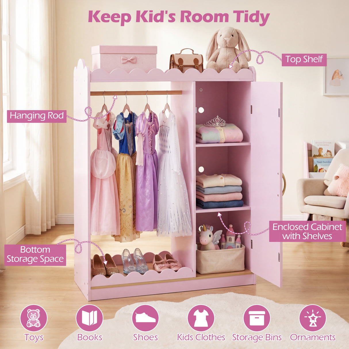 Kids Dress Up Storage Shelf with Full Mirror Hanging Rod and Door Cabinet