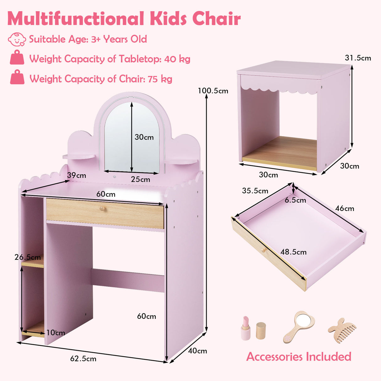 Kids Vanity with Lights, Pretend Makeup Dressing Table Set