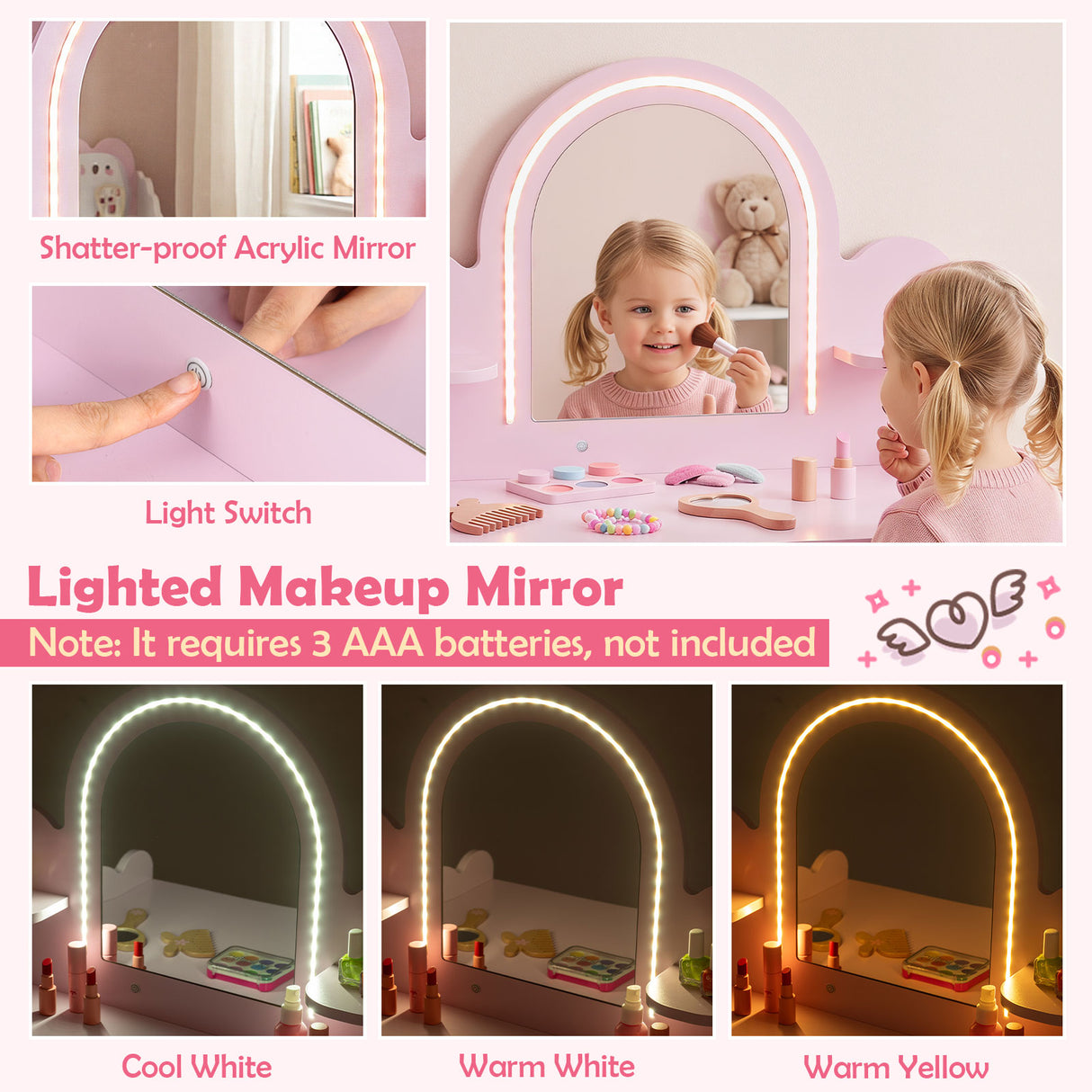 Kids Vanity with Lights, Pretend Makeup Dressing Table Set