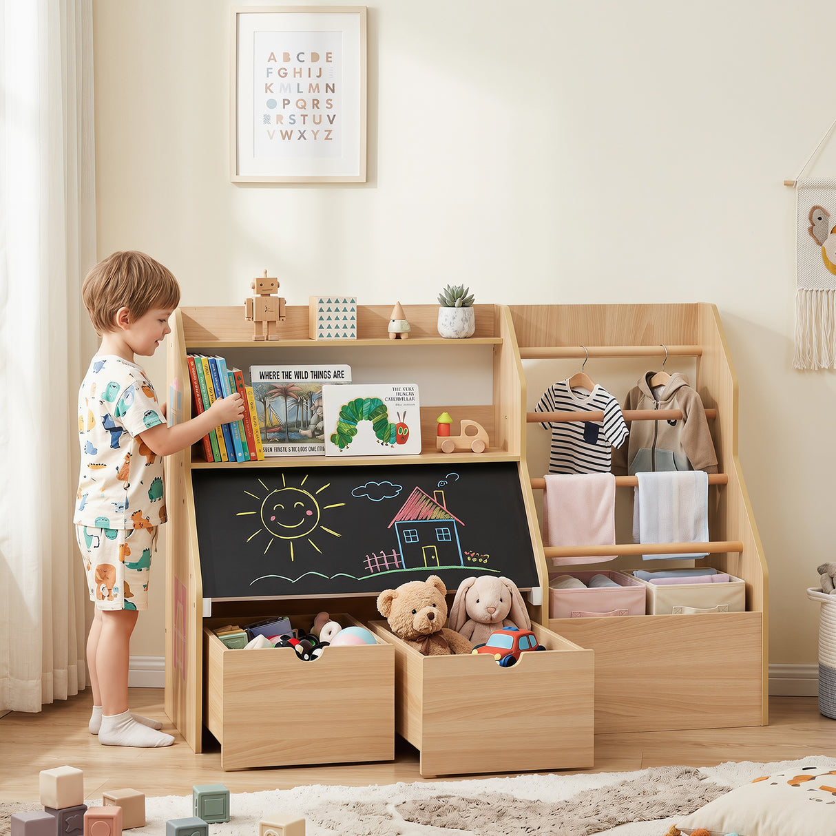 Toy Storage Organizer, Kids Bookshelf with Flip-up Blackboard, Open Shelves