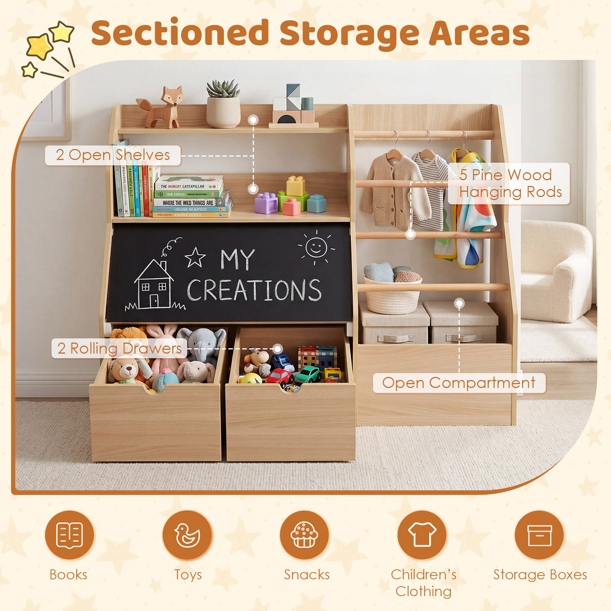 Toy Storage Organizer, Kids Bookshelf with Flip-up Blackboard, Open Shelves