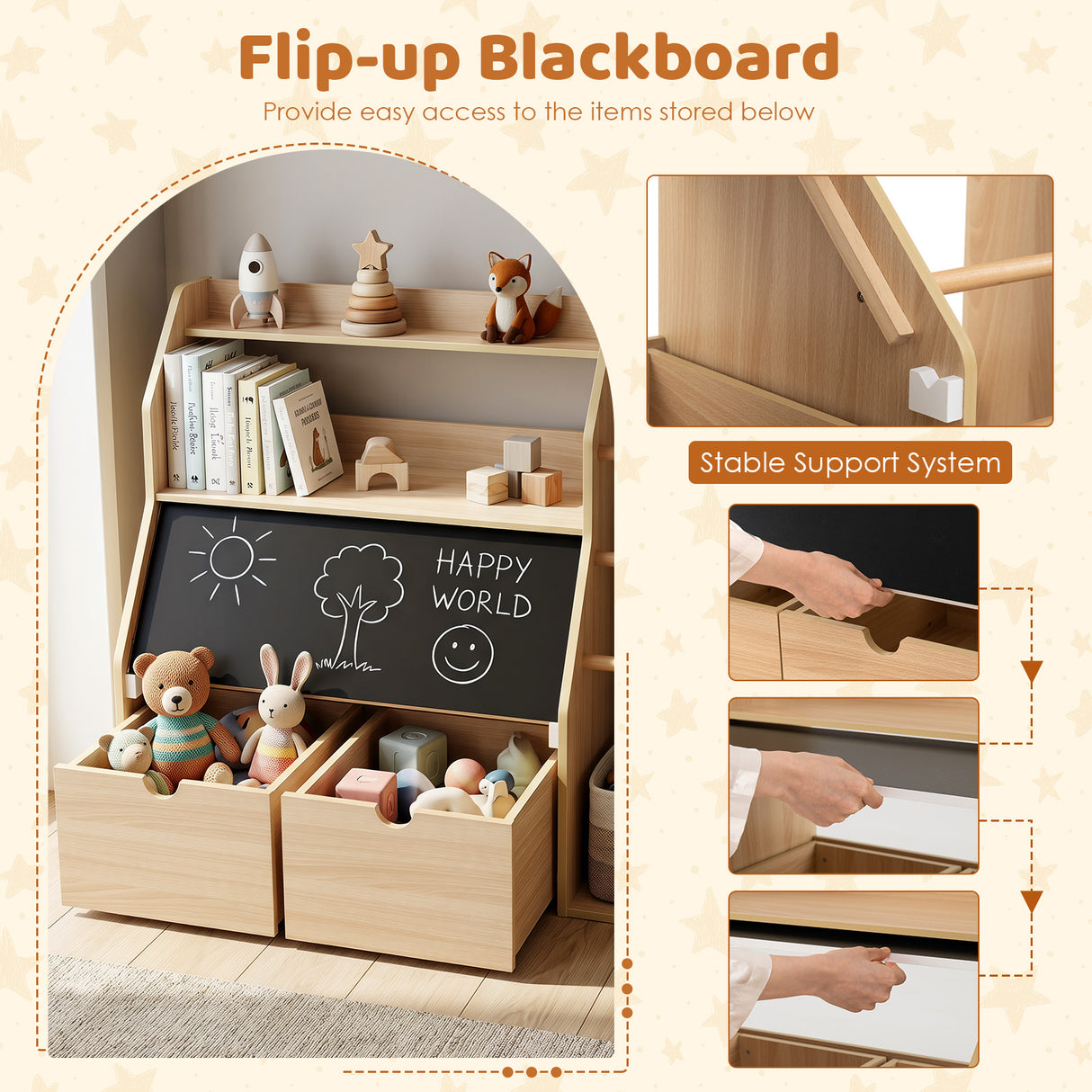 Toy Storage Organizer, Kids Bookshelf with Flip-up Blackboard, Open Shelves
