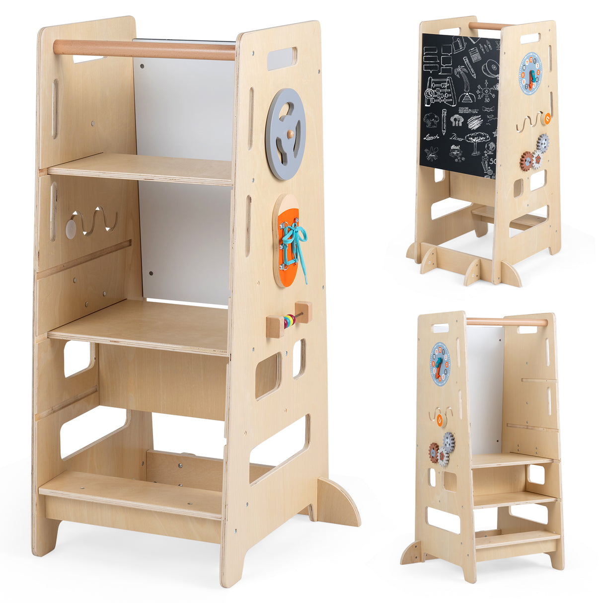 Wooden Toddler Kitchen Stool Helper, Kids Kitchen Step Stool, Anti-Tip Montessori Tower, Gift for Kids 3+