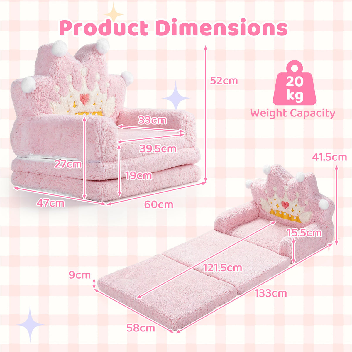 2-in-1 Foldable Kids Sofa Bed, Convertible Lounger for Toddlers