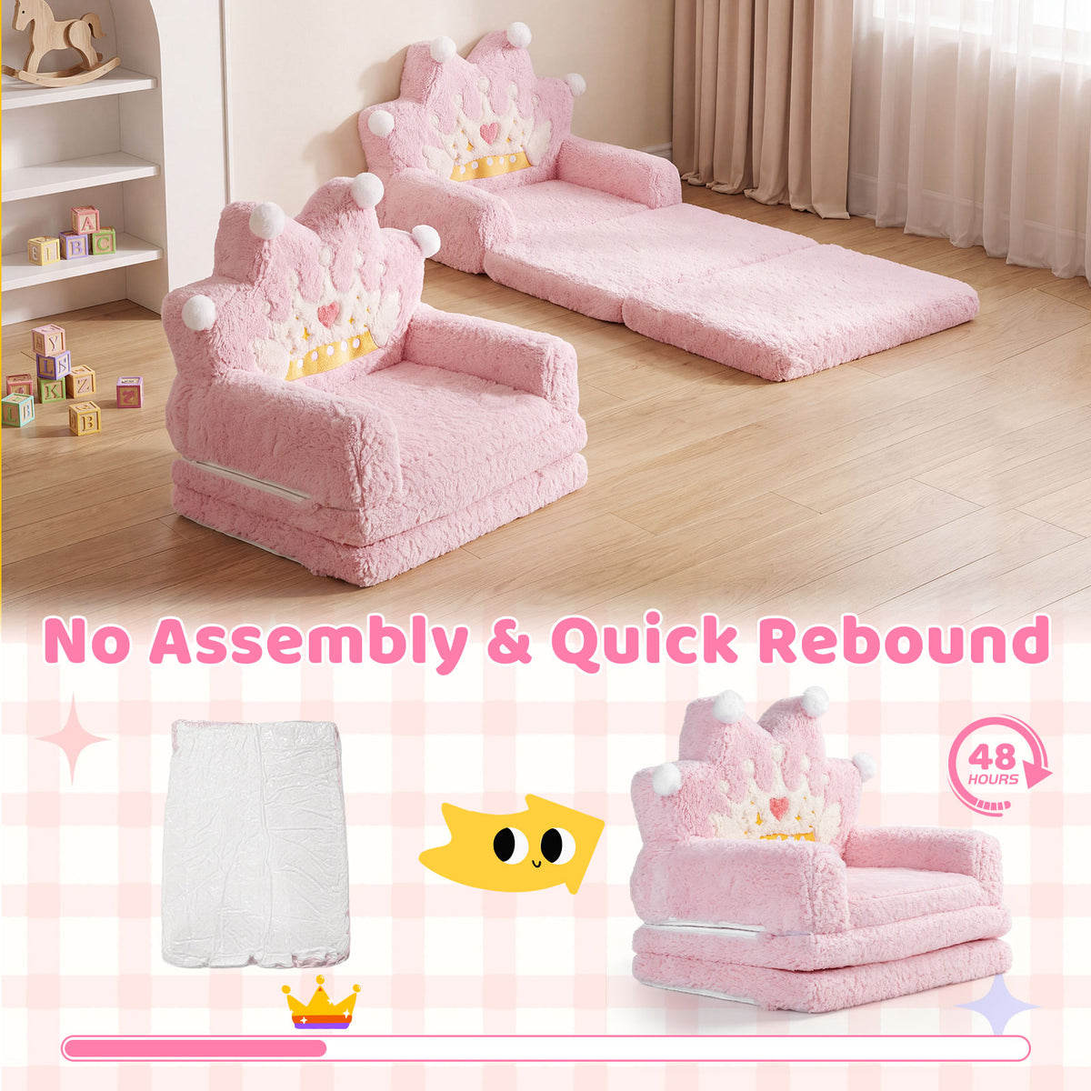 2-in-1 Foldable Kids Sofa Bed, Convertible Lounger for Toddlers