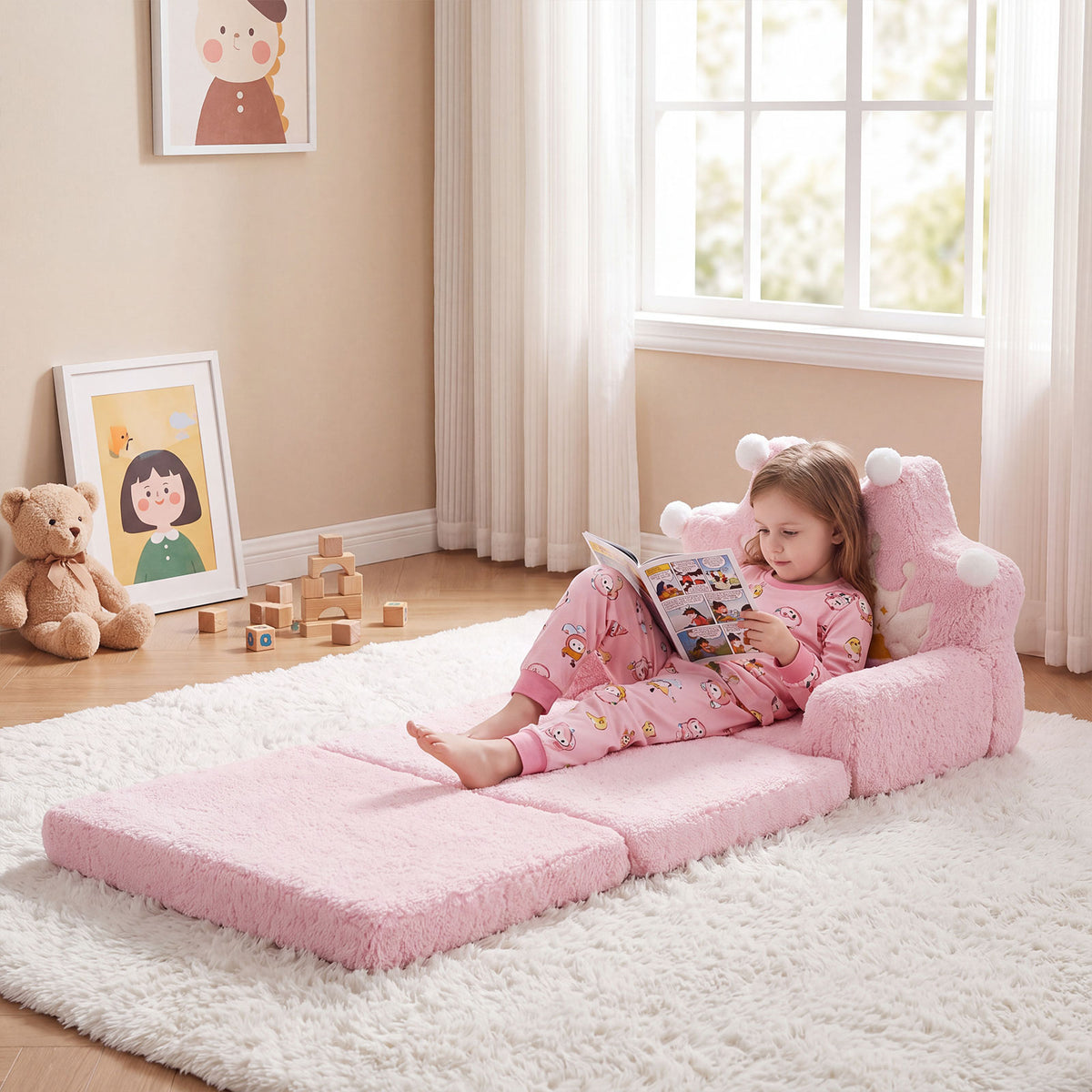 2-in-1 Foldable Kids Sofa Bed, Convertible Lounger for Toddlers