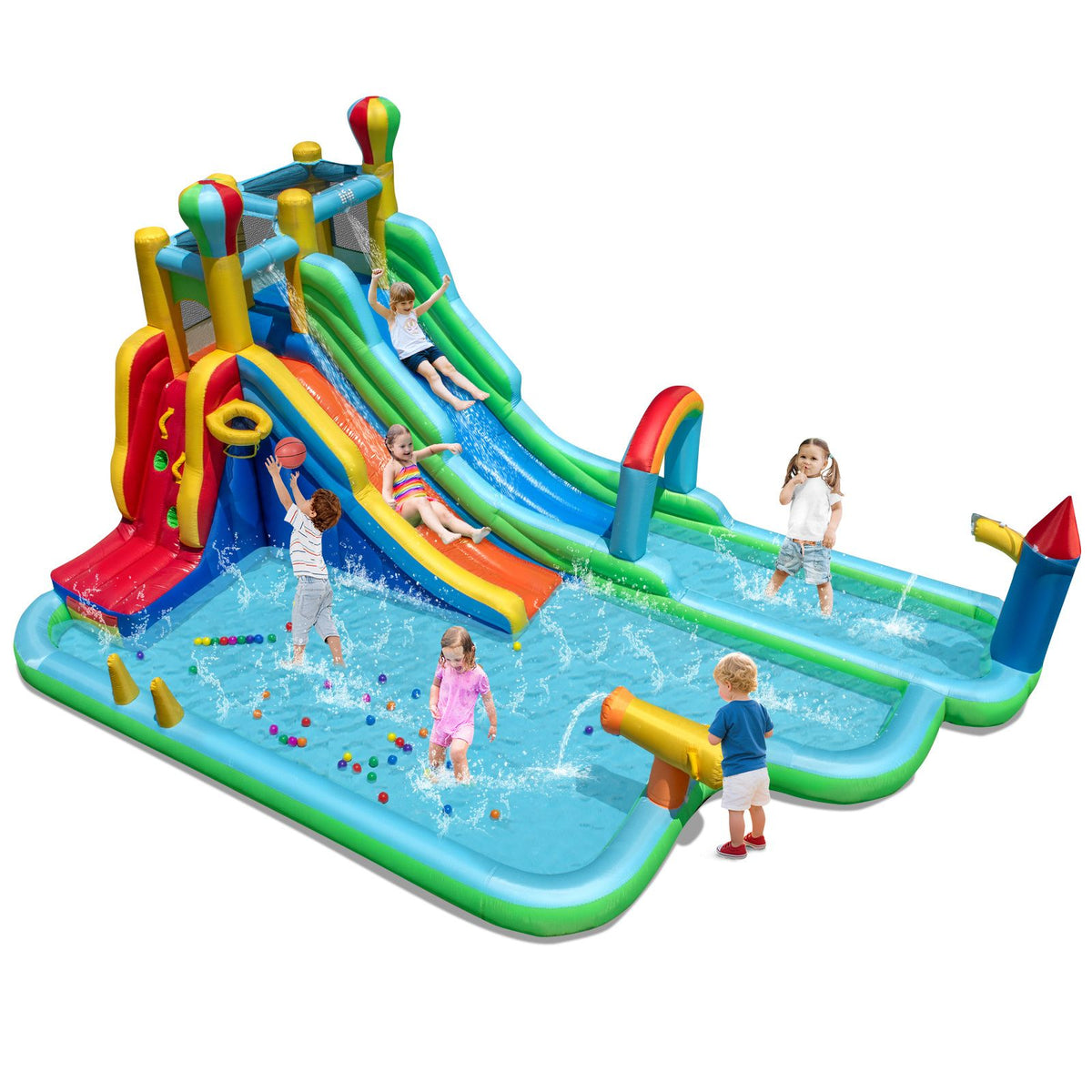 Inflatable Water Park, Wet Dry Combo Bouncy Castle for Birthday Party