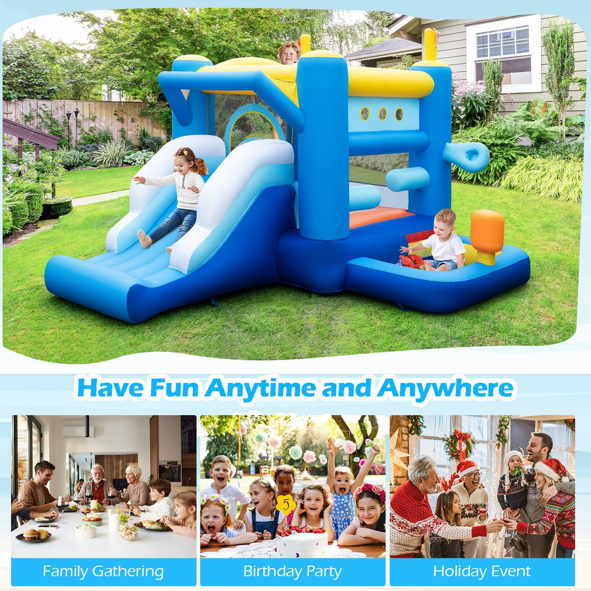Inflatable Bounce House Kids Bouncy Castle with Slides Jumping Area Basketball Hoop