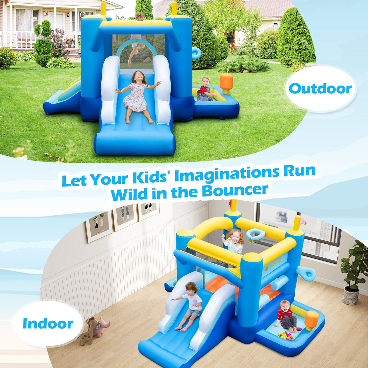 Inflatable Bounce House Kids Bouncy Castle with Slides Jumping Area Basketball Hoop