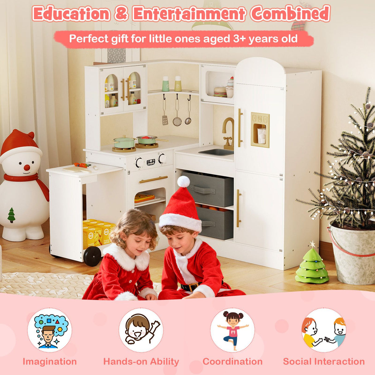 Interactive Wooden Playset with Retractable Countertop for Ages 3+