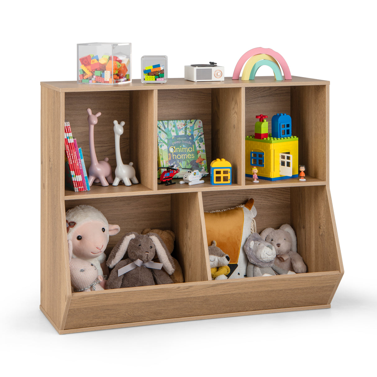 5-Cubby Kids Toy Storage Organizer, Wooden Children Bookcase Bookshelf