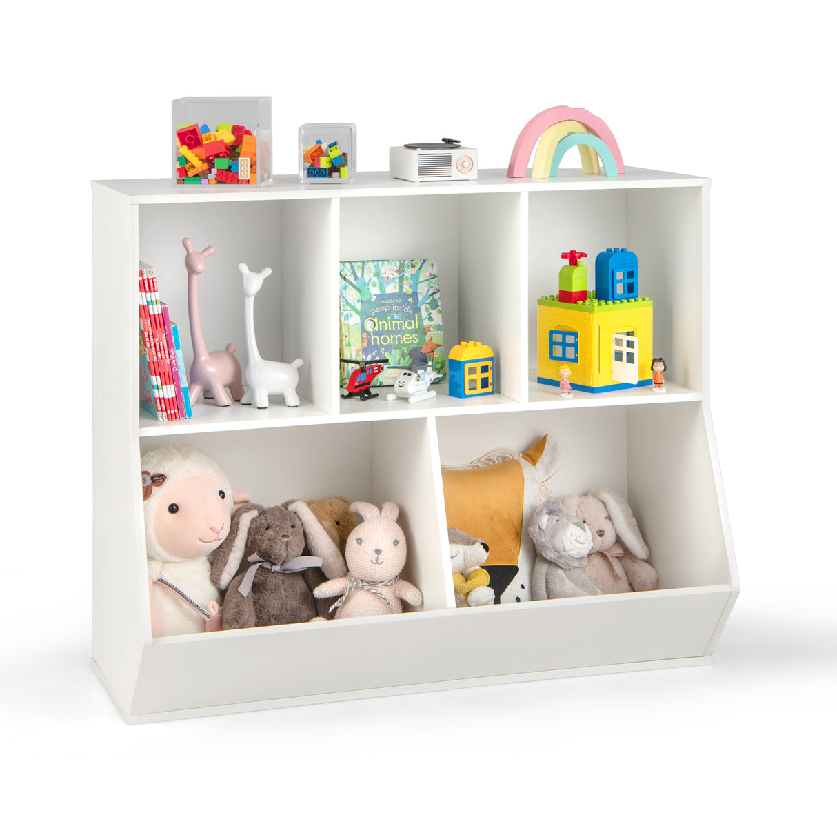 5-Cubby Kids Toy Storage Organizer, Wooden Children Bookcase Bookshelf