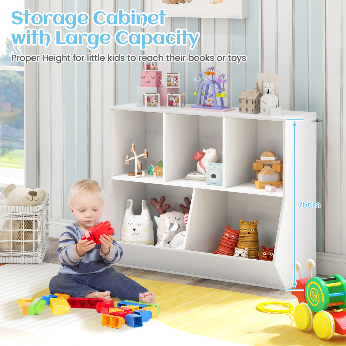 5-Cubby Kids Toy Storage Organizer, Wooden Children Bookcase Bookshelf