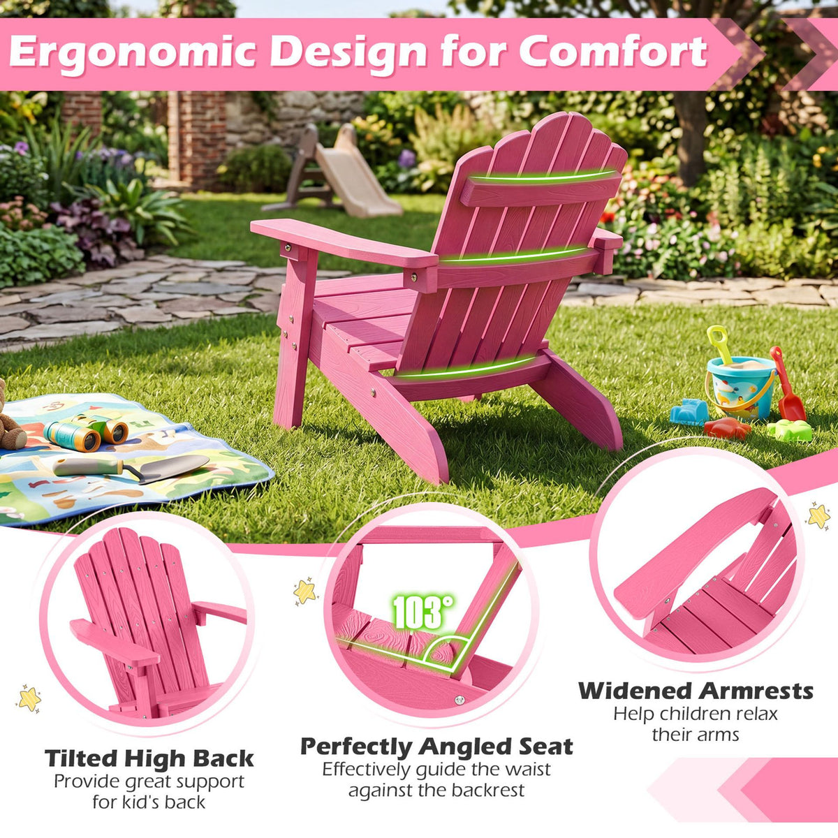 Kids Adirondack Chair with Tilted Backrest and Wide Armrests for Ages 3-7