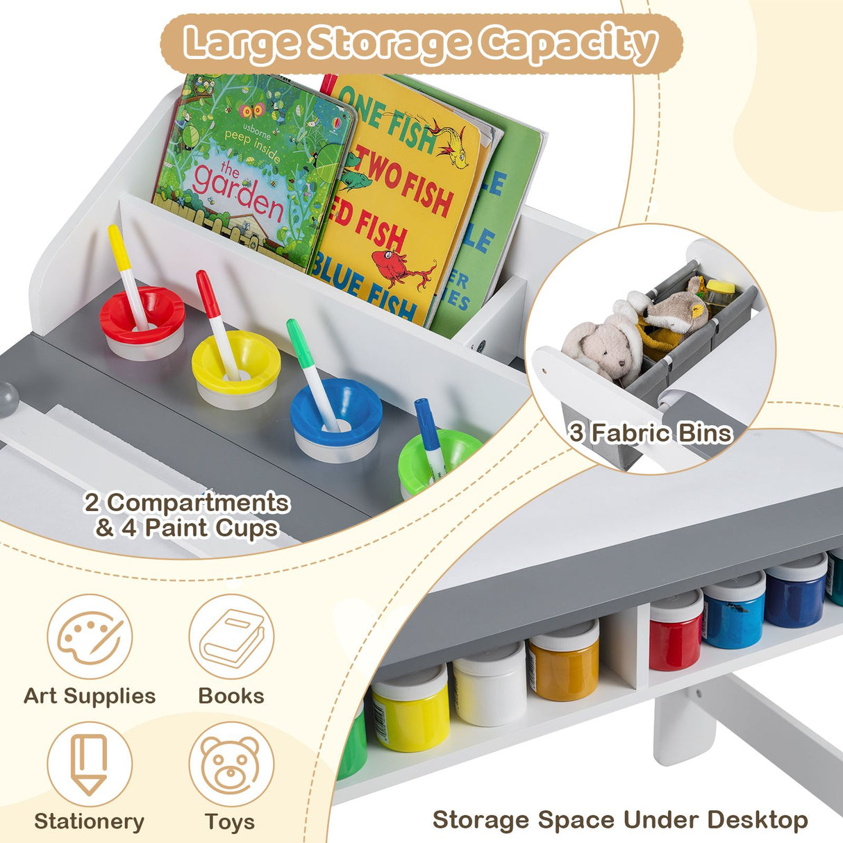 Kids Art Table and Chair Set with Paper Roll and 4 Paint Cups