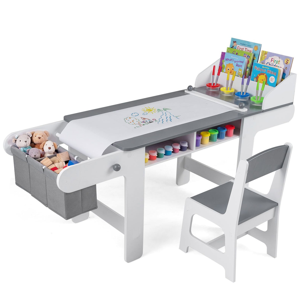 Kids Art Table and Chair Set with Paper Roll and 4 Paint Cups