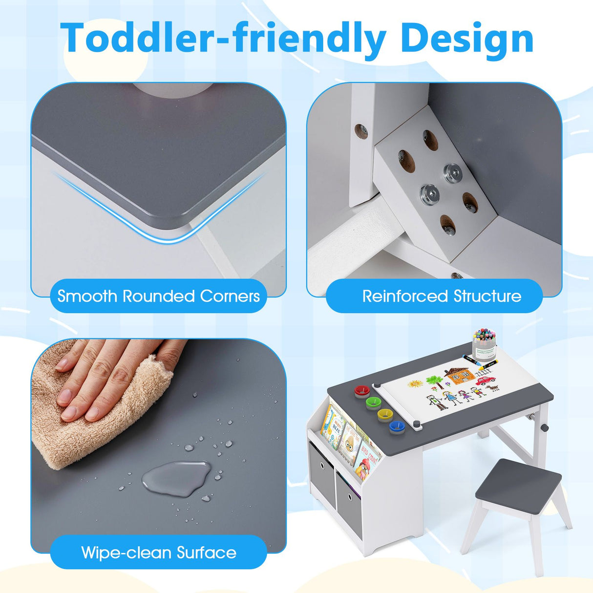 Kids Art Table with Stool Wooden Activity Table with Paper Roll and Storage