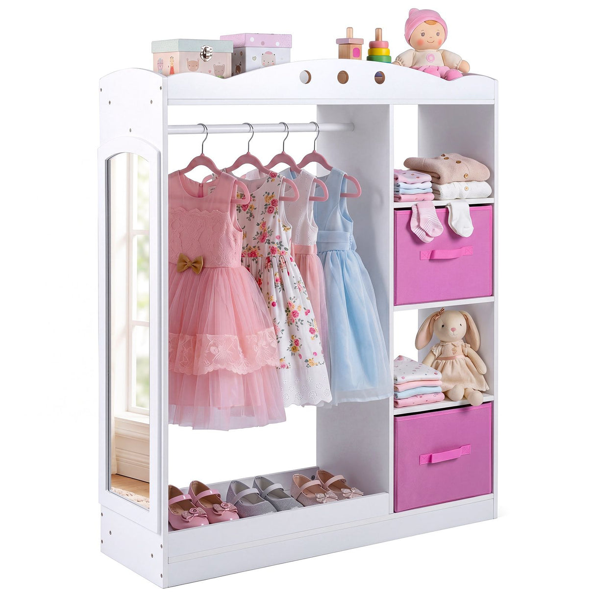 Kids Dress Up Storage Shelf with Mirror and Hanging Rod for Toddler Clothes