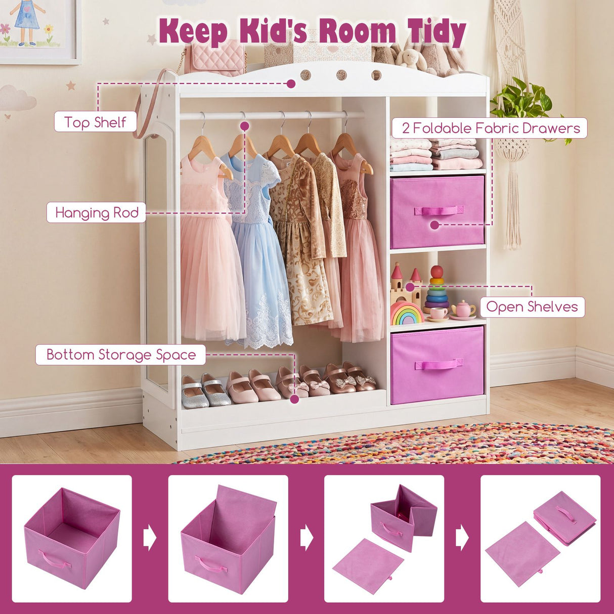 Kids Dress Up Storage Shelf with Mirror and Hanging Rod for Toddler Clothes