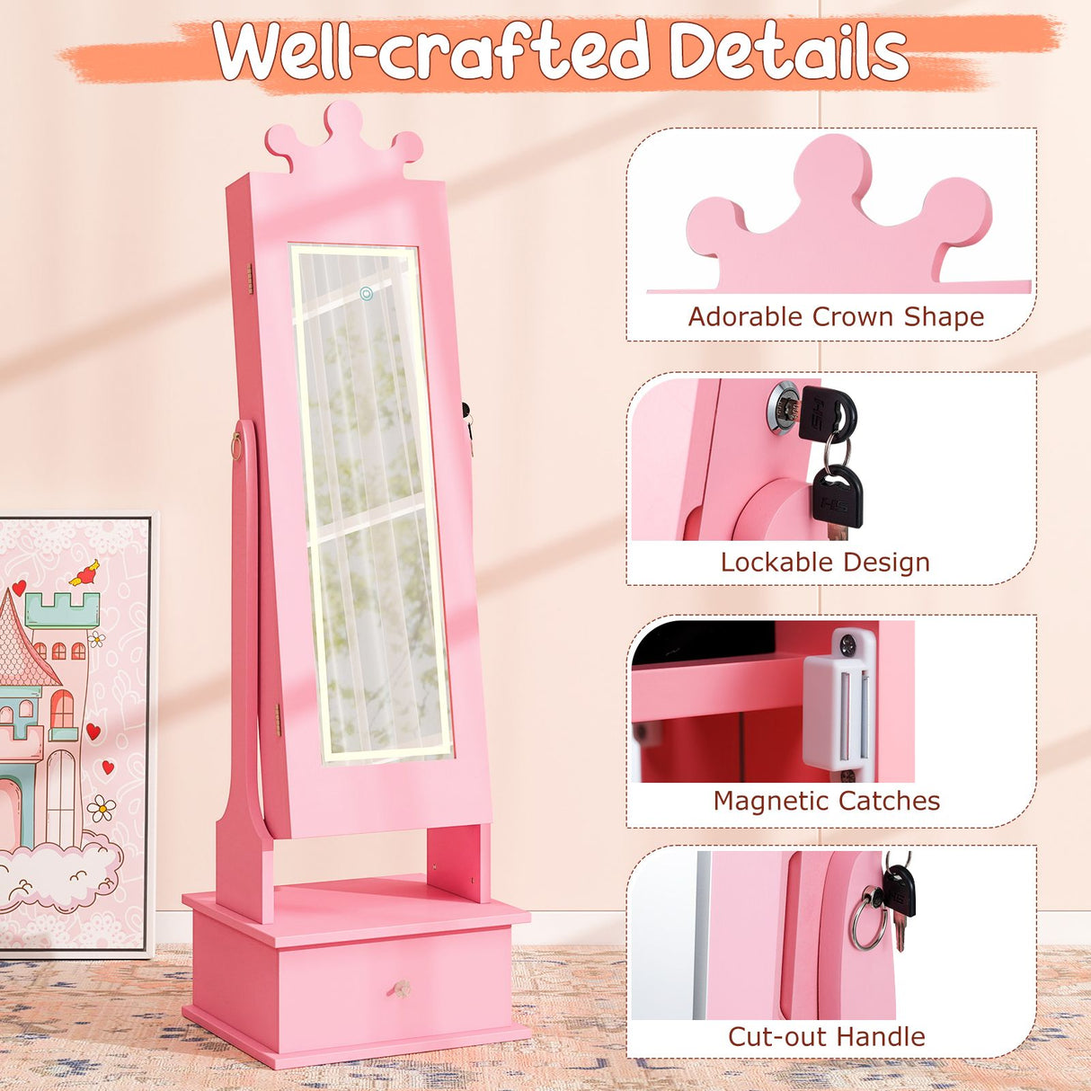 Kids Jewelry Cabinet with 2 Tilt Angles and 4 Sensor Lights