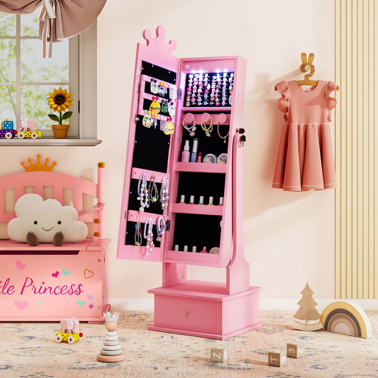 Kids Jewelry Cabinet with 2 Tilt Angles and 4 Sensor Lights