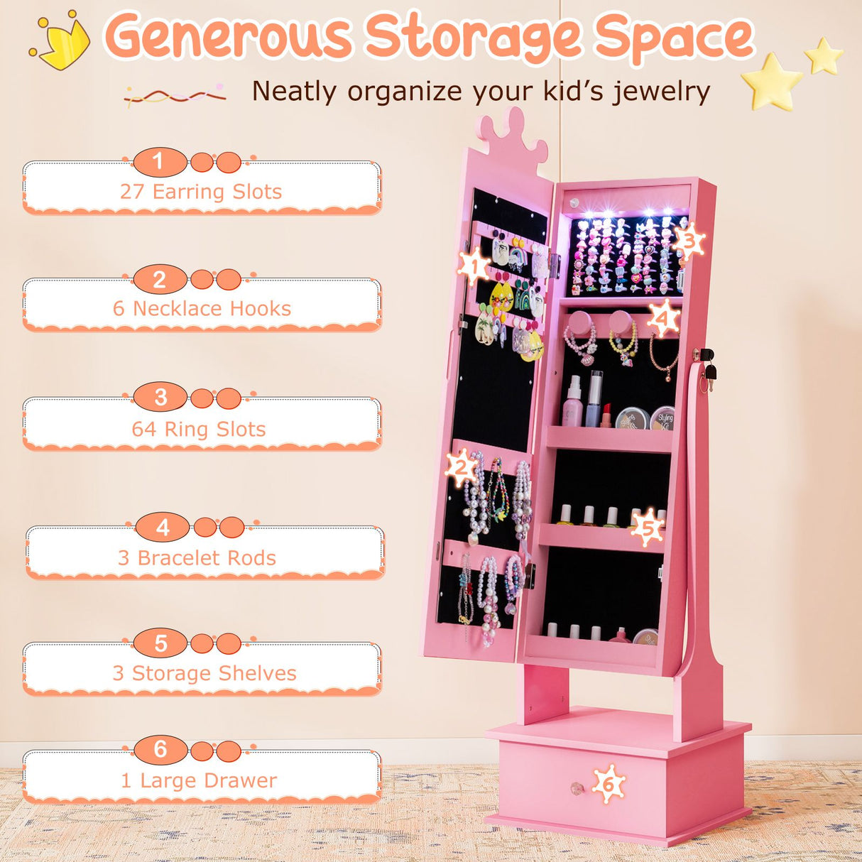 Kids Jewelry Cabinet with 2 Tilt Angles and 4 Sensor Lights