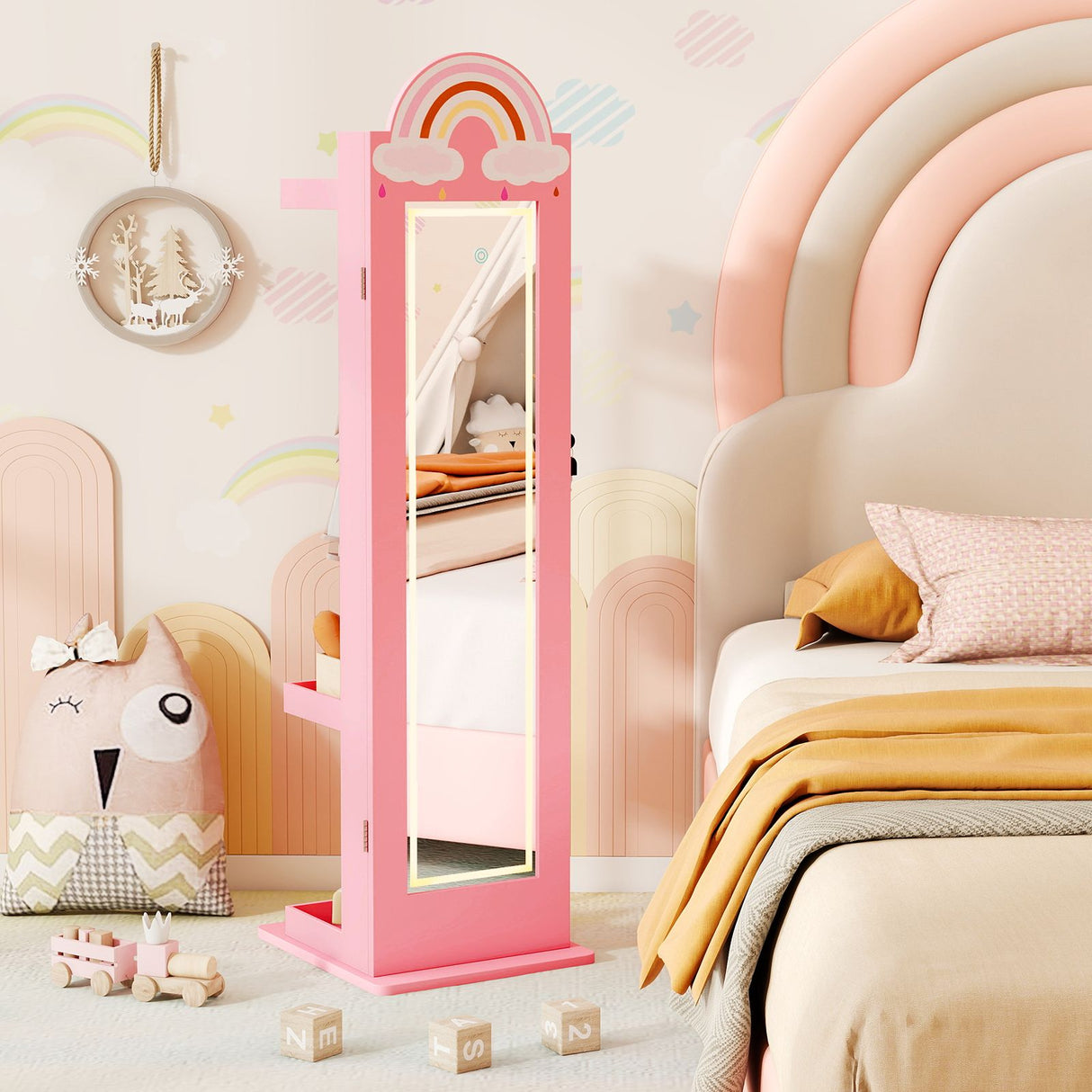 Standing Children Jewelry Organizer with Lights & Full-Length Mirror, Princess Jewelry Armoire
