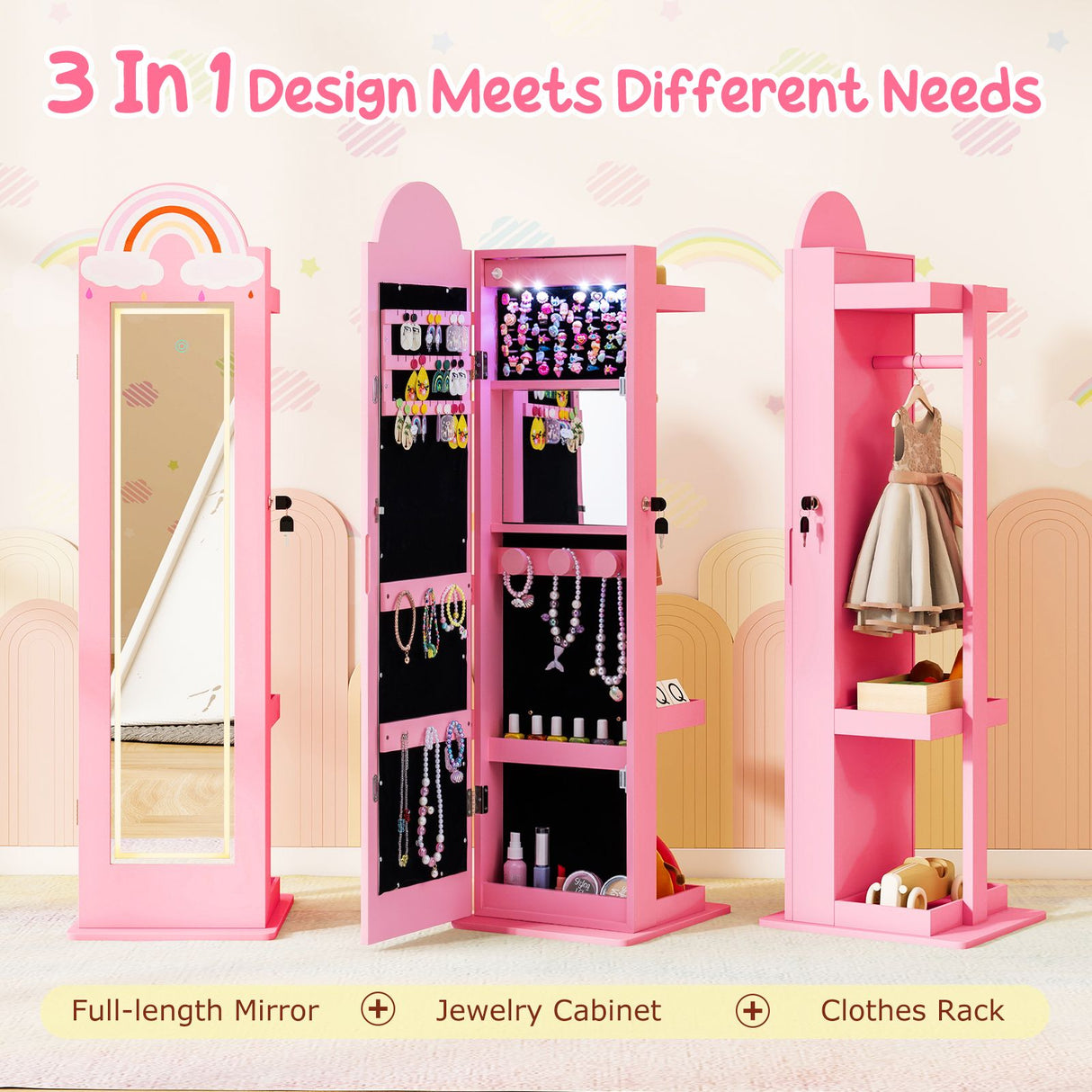 Pink 3-in-1 jewelry cabinet with full-length mirror and clothes rack in a room setting.