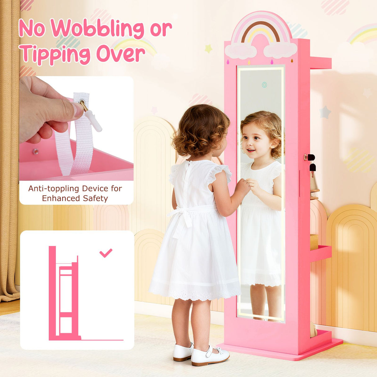 Child looking at a pink standing mirror with safety features highlighted.
