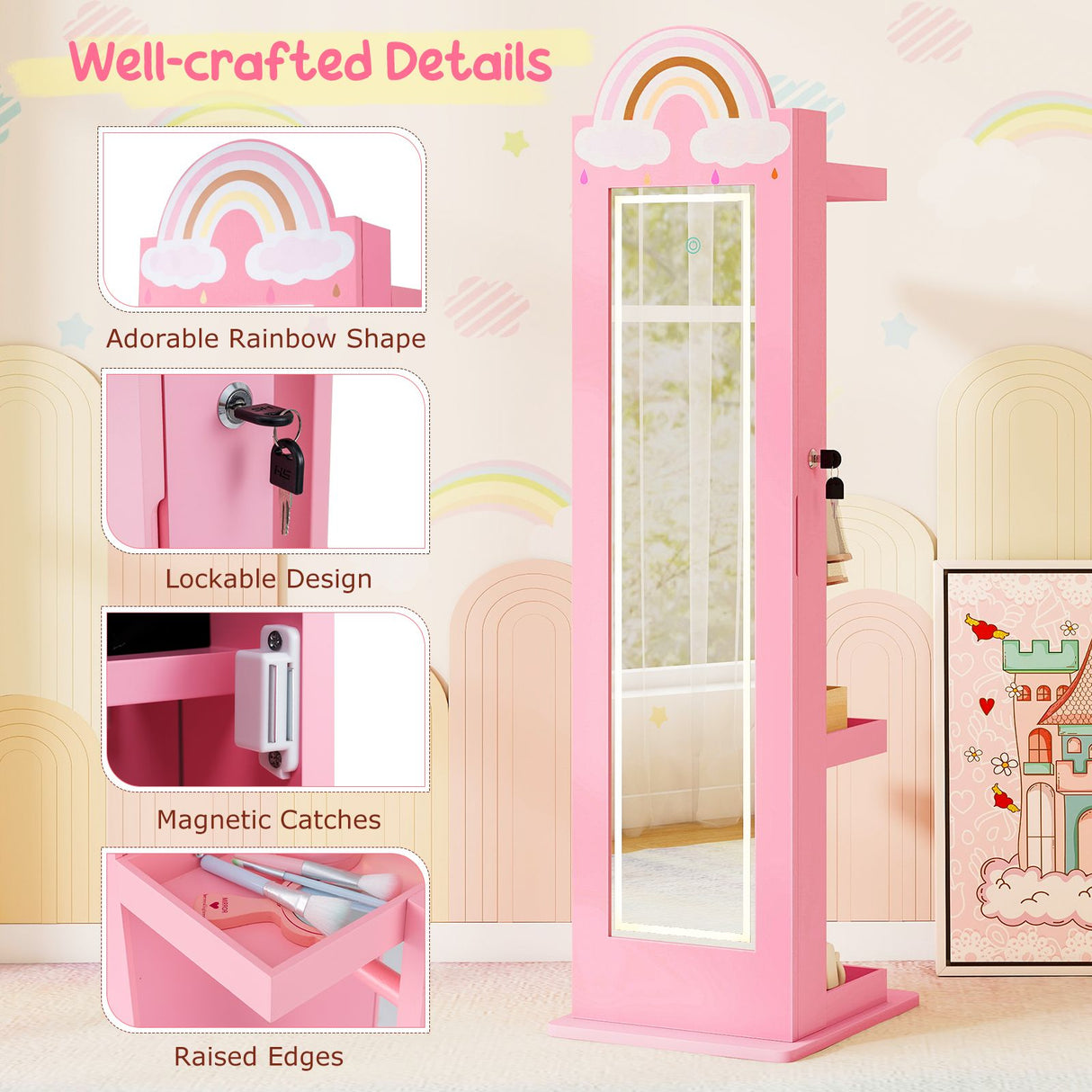 Standing Children Jewelry Organizer with Lights & Full-Length Mirror, Princess Jewelry Armoire