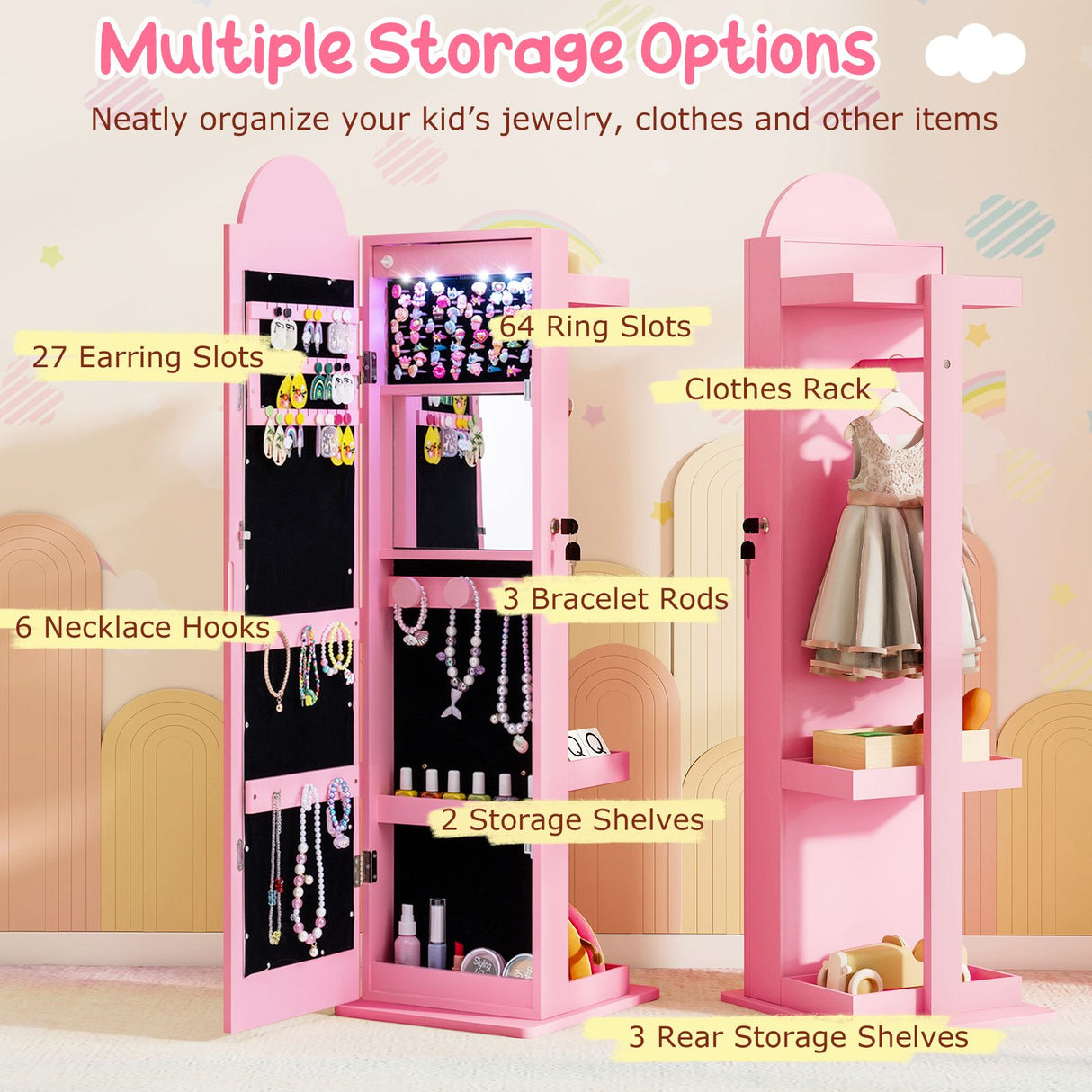 Standing Children Jewelry Organizer with Lights & Full-Length Mirror, Princess Jewelry Armoire